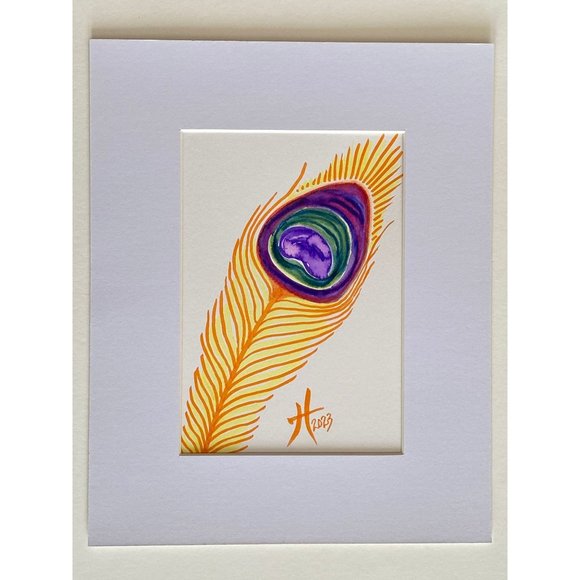 Fine Feather - Original Wall Art Watercolor Feather Painting Matted Frame Ready - Picture 2 of 5